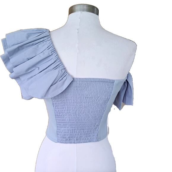 NEW Anthropologie Sunday Brooklyn Ruffled One-Shoulder Crop Top Small Sky Blue - Picture 3 of 9